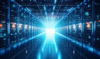 Network server room with computers. Technology and telecommunication concept.