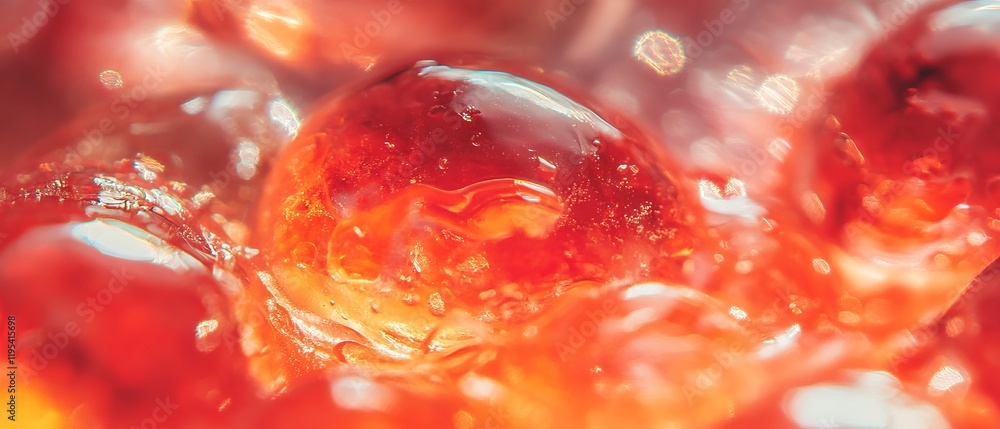 Poster bright red gelatinous spheres glisten under light in a close-up display of texture and color