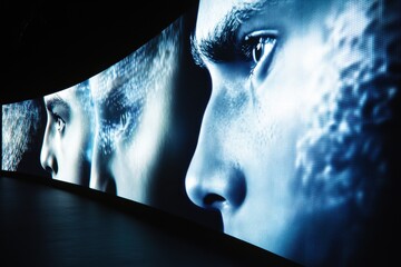 Futuristic digital display of human faces in abstract lighting