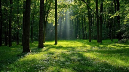 Obraz premium Sunbeams Illuminating a Serene Forest