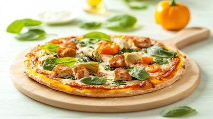 Delicious pizza with fresh toppings on a wooden serving board.