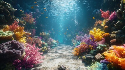 Naklejka premium A dynamic view of a vibrant reef ecosystem during the day, filled with an array of fish, invertebrates, and coral, showcasing biodiversity 