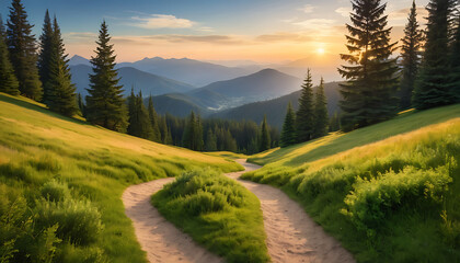 Sunset Mountain Trail, Forest Path and Scenic Landscape