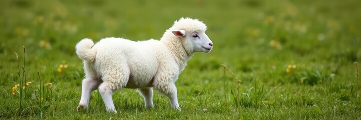 Obraz premium A fluffy white sheep with a curly tail playing in a green meadow, outdoors, playful animals, happy animal