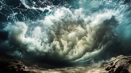 Fototapeta premium A dramatic scene of a stormy underwater environment, with powerful currents and marine life adapting to the changing conditions 