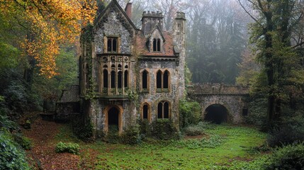 Obraz premium Enchanted Ruins: A Mystical Stone House in Autumnal Forest