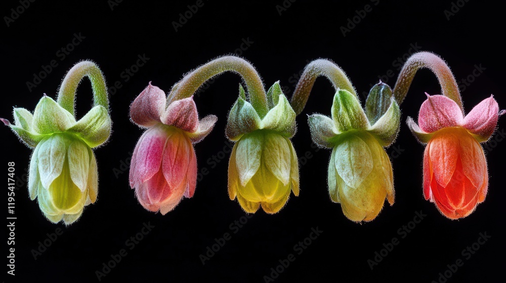 Poster five colorful flowers in a row with different colors isolated on a black background