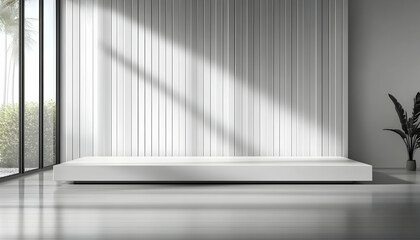 Fototapeta premium Minimalist modern interior design; white platform, wall paneling, and sunlit room. Perfect for product display, branding, or lifestyle visuals.