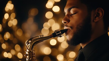 National Saxophone Day African adult male playing saxophone with golden bokeh lights