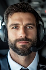 Caucasian male pilot with beard and headset in cockpit