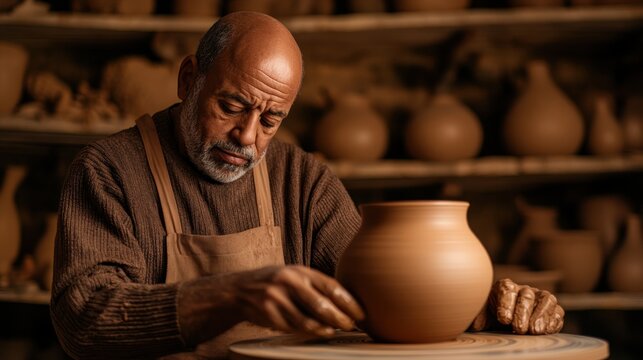 National Hobby Month Elderly african male artisan shaping clay pot in pottery workshop