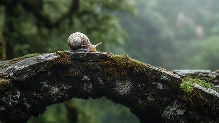 Obraz premium A moon snail perching on the broken remnants of an old stone bridge