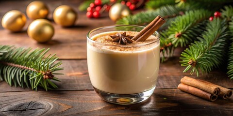 A glass of creamy eggnog topped with nutmeg and sprinkled with cinnamon, holiday drink, creamy, glass, rich
