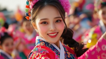 Fototapeta premium Asian female young in traditional costume with floral headpiece smiling