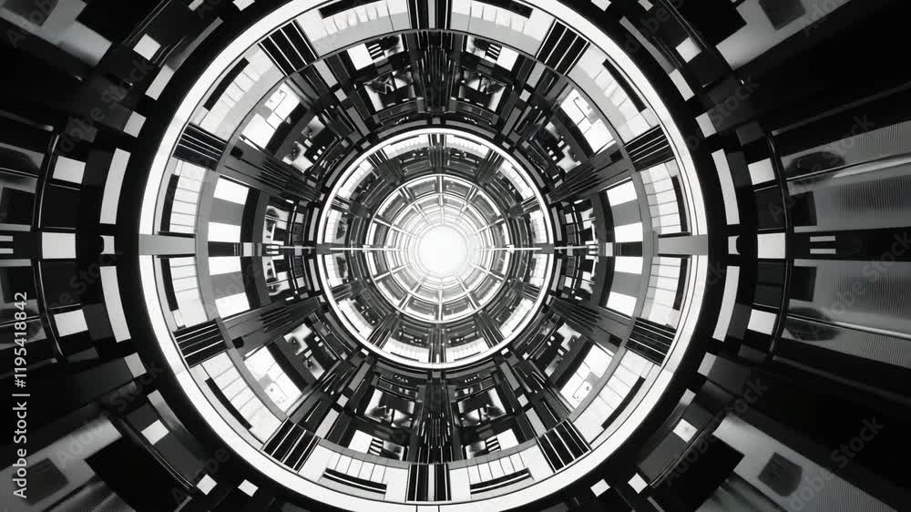 Poster exploring a futuristic tunnel design with intricate patterns and bright center radiating light
