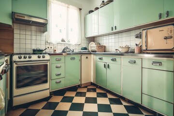 A vintage kitchen with mint green cabinets, checkerboard floor, and classic appliances.