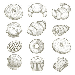 Sweet breakfast icons set. Sweets ink  style collection