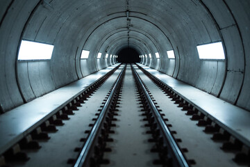 Photograph of an empty, curved subway tunnel with metal tracks, overhead fluorescent lights, and smooth, grey concrete walls.
