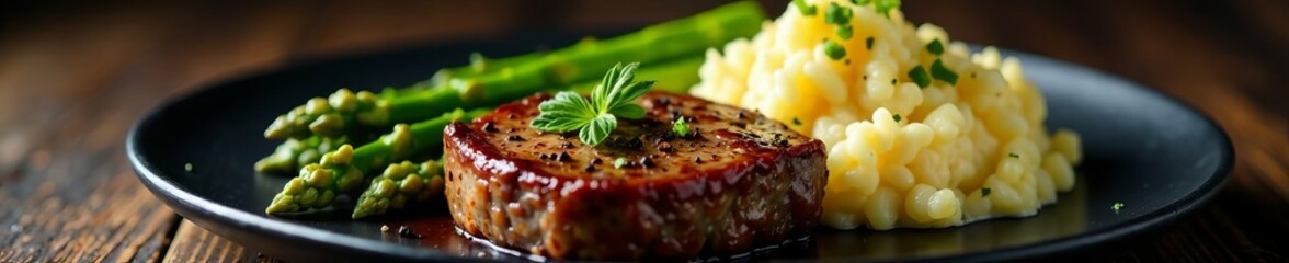 Delicious steak served with creamy mashed potatoes and fresh asparagus on a black plate.