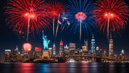 Fireworks illuminate New York City skyline with Lady Liberty