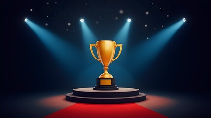 The image features a gold trophy cup placed on a circular platform with a red carpet leading up to it. The trophy is illuminated by four blue spotlights, dark background.
