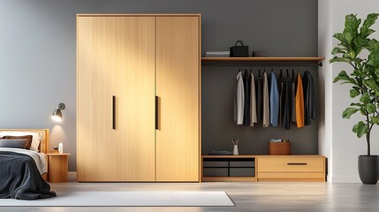 A modern and minimalist wardrobe design featuring hidden pull out hampers and built in storage solutions for a clutter free and organized bedroom