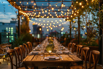 Fototapeta premium A rooftop dining experience with string lights, city views, and gourmet dishes elegantly presented