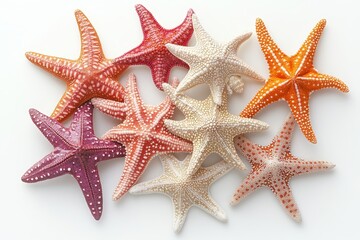 The image, captured from a top-down perspective, shows several starfish scattered across a clean white background. 