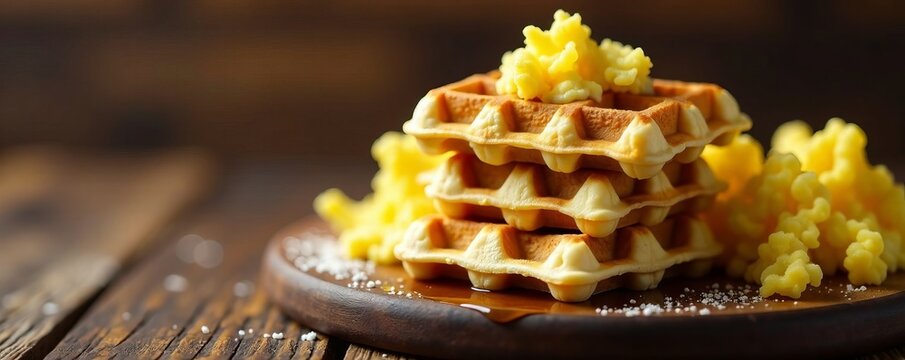 Delicious waffles topped with sweet popcorn and syrup on a rustic wooden table.