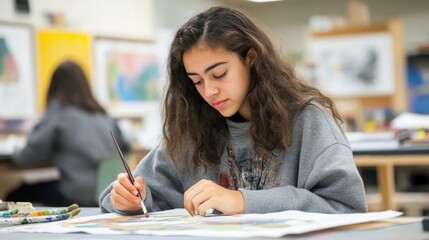 Middle Level Education Month Young hispanic female teen painting in art classroom