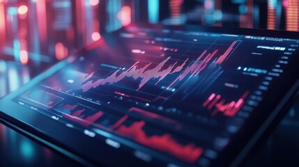 Digital financial analytics display with dynamic graphs and data visualization