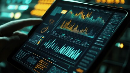 Tablet displaying interactive business analytics dashboard with colorful graphs