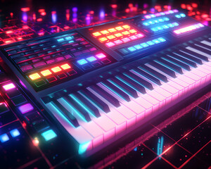 Neon Synth Keyboard, vibrant 80s retro wave music technology, glowing keys, futuristic digital instrument.