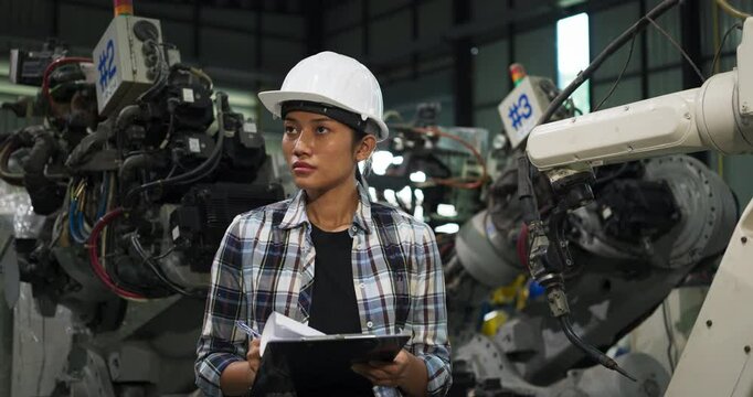 Female technician wearing a hard hat, holding a clipboard, and analyzing robotic systems in an industrial factory, emphasizing precision, innovation, and problem-solving skills.