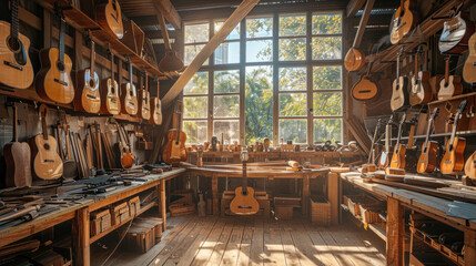 A rustic guitar workshop with shelves of exotic woods, a skilled luthier carving intricate designs on a guitar top, warm sunlight streaming through large windows
