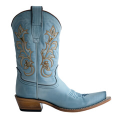 Sleek women's cowboy boots in light blue denim with elegant embroidery, showcased on a transparent background to highlight their stylish and modern design.