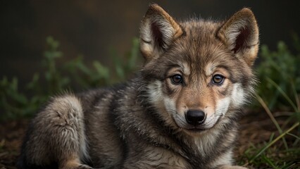 Fototapeta premium Close-up portrait of a wolf cub in a wild