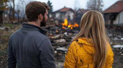 Fototapeta premium Young caucasian adults observe destruction of burning village homes