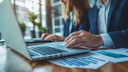 Two professionals discussing a project on a laptop in a modern office. Great for teamwork, leadership, and business themes.