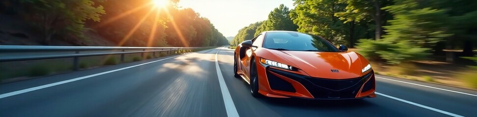 Fast orange sports car driving on a scenic road during sunset.