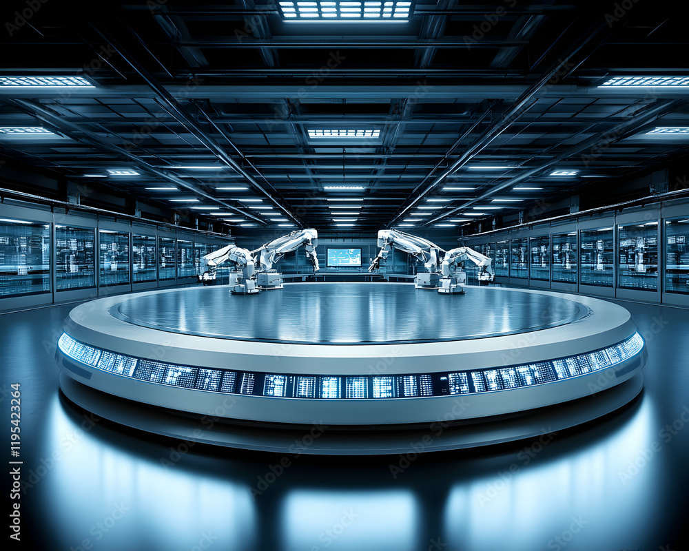 Poster futuristic automated factory interior with robotic arms working on a circular platform, illuminated 