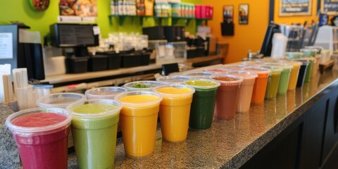 Vibrant smoothie selection at juice bar with colorful assortment of fresh flavors