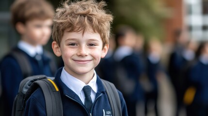 Smiling caucasian child in school uniform outdoors