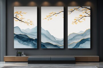 Fototapeta premium Serene triptych of watercolor landscapes featuring misty mountains and delicate gold branches. Perfect for modern interiors.