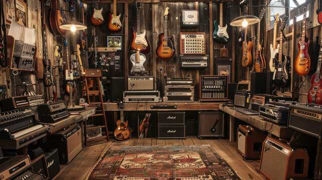 A rustic workshop filled with vintage equipment and unfinished guitar components, telling a story of history