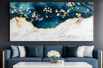 Elegant navy blue sofa with white and gold abstract art in a modern living room.