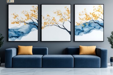 Modern living room with a stylish blue sectional sofa and a triptych of watercolor art featuring gold branches and blue clouds.