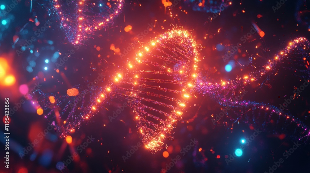 Poster glowing dna double helix illuminated by molecular connections in a vibrant digital composition. gene