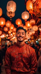 Fototapeta premium Vertical portrait of smiling man in red cheongsam against red lanterns outside, Lunar New Year celebration