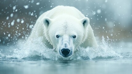 A majestic polar bear splashes through icy waters, showcasing the beauty of wildlife in its natural habitat.